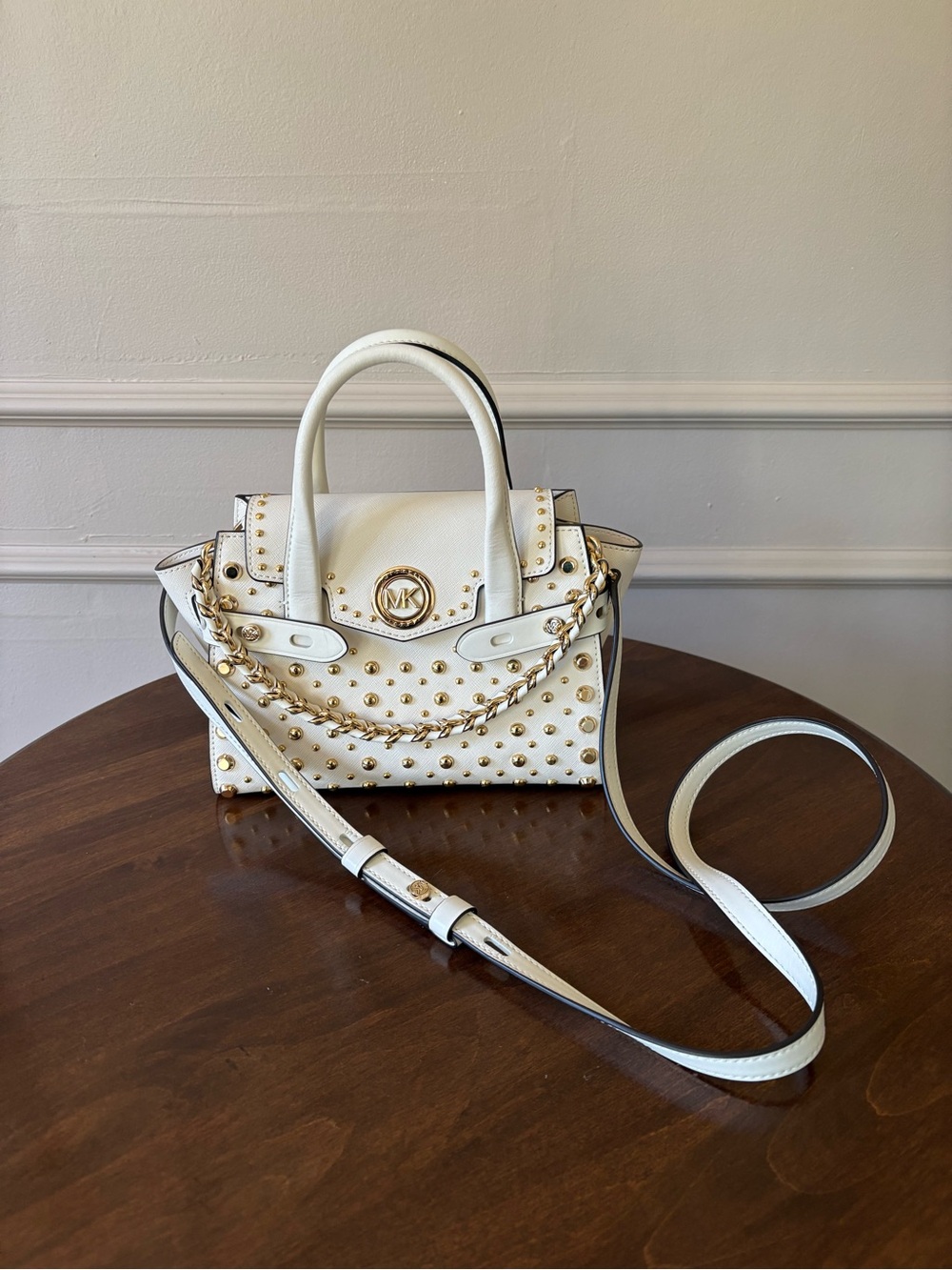 Michael Kors White Studded Leather Satchel with Gold Hardware